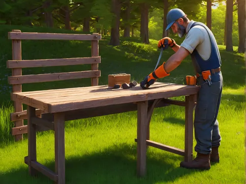 woodworker,lumberjack,pickaxe,wood shaper,woodsman,sawhorse,cutting grass,wood chopping,builder,pallet jack,picnic table,handyman,tradesman,heavy construction,arborist,farmer in the woods,wood tool,craftsman,maintenance,a carpenter,Art,Classical Oil Painting,Classical Oil Painting 14