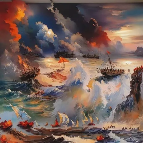 naval battle,fantasy landscape,sea landscape,sea fantasy,fantasy art,volcanic landscape,coastal landscape,the storm of the invasion,oil painting on canvas,art painting,maelstrom,seascape,sea storm,fir