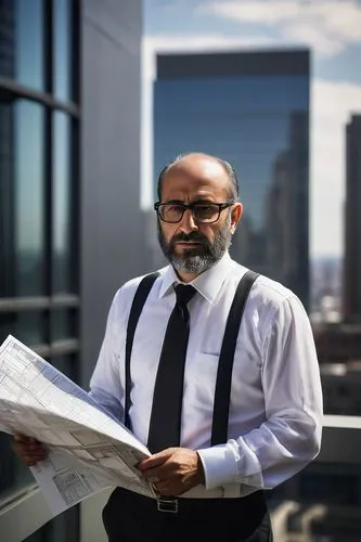 Charles Nazarian, modern architect, mature man, 50s, glasses, balding, beard, white shirt, black tie, dark suit, holding blueprints, standing, skyscraper, urban cityscape, steel beams, glass windows, 