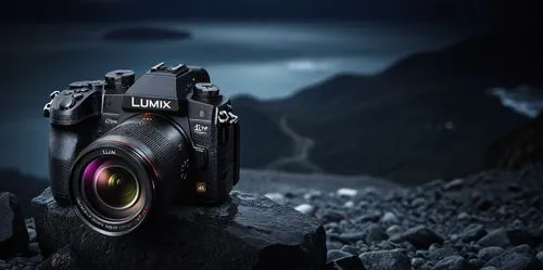 a lumix camera social media poster design in a dark place,the camera is sitting on some rocks,lumix,lensman,lensing,lenzing,slr camera,dslrs,Photography,General,Realistic