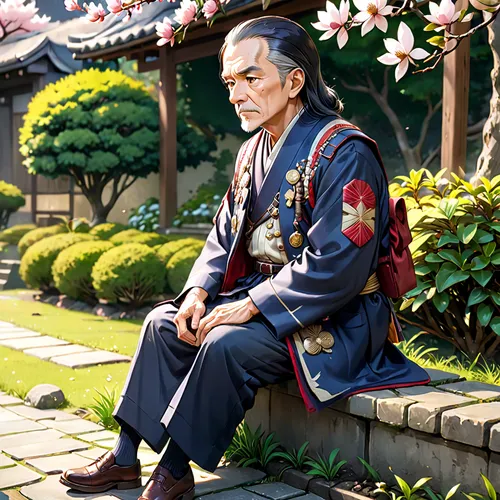 elderly man,man on a bench,grandfather,sensei,tea zen,samurai,japanese shrine,mukimono,grandpa,rokuon-ji,erhu,shuanghuan noble,old man,japanese art,sake gardens,ginkaku-ji,kinomichi,sensoji,jin deui,japanese garden ornament,Anime,Anime,General