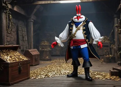 Mr. Krabs, realistic, middle-aged man, muscular build, pirate costume, white shirt with billowy sleeves, blue vest, golden anchors on shoulders, red pants, black boots, hook for hand, enthusiastic fac