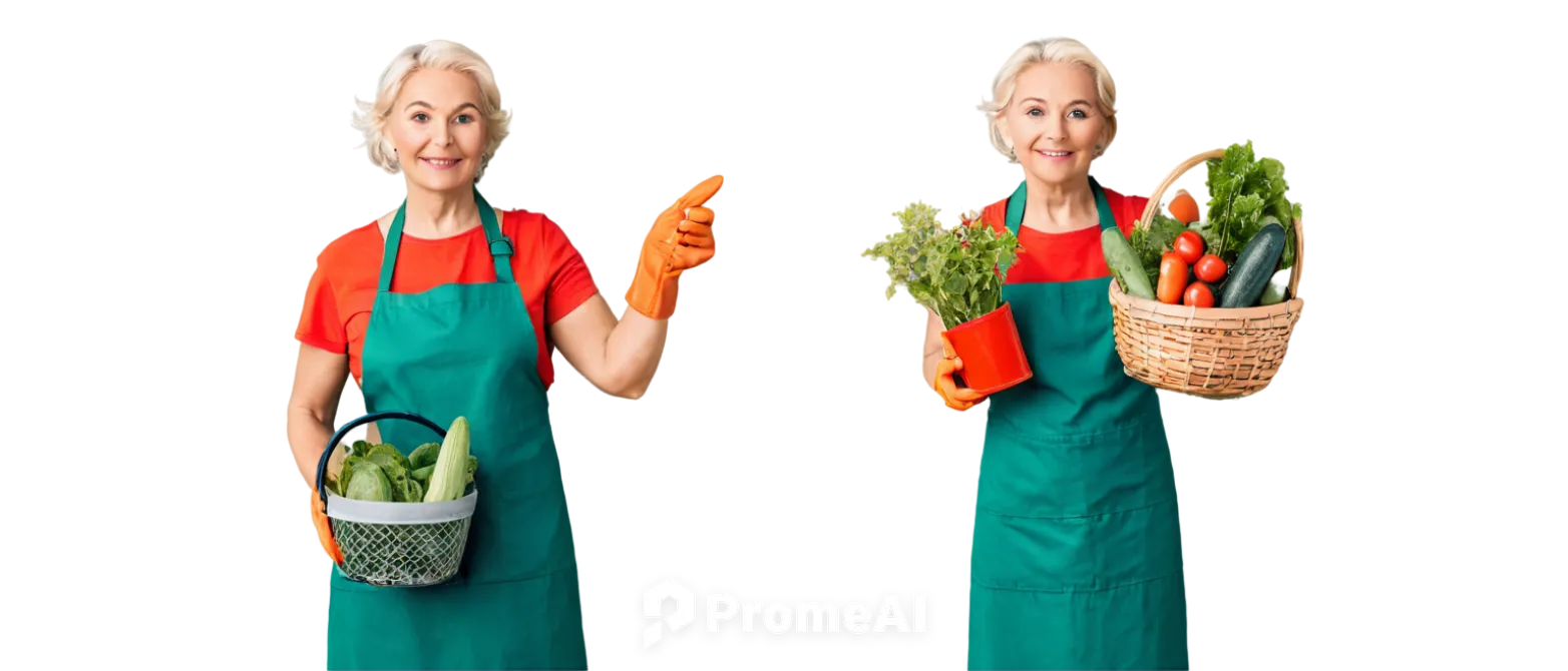 Vegetable gardening scene, mature lady, 30s, casual hairstyle, no makeup, green apron, gloves, holding basket, surrounded by various vegetables, tomatoes, cucumbers, carrots, lettuce, flowers, waterin