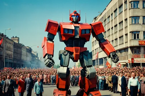 masterpiece, ultra quality, HDR, Soviet giant robots like transformers, Soviet Union in 1970, at the city, many soviet people, all happy, parade, cell-shading,transformers,mg f / mg tf,transformer,gun