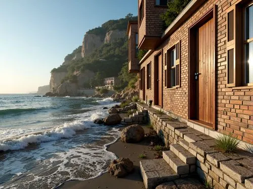 Rugged coastal scenery, crashing waves, salty sea air, weathered brick facades, robust masonry, textured stone walls, durable mortar joints, reinforced foundations, storm-resistant windows, protective