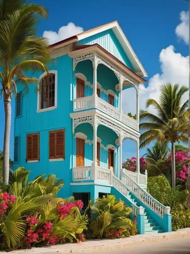 West Indian architecture, colorful wooden houses, ornate balconies, intricate carvings, pastel colored shutters, vibrant tropical flowers, lush greenery, palm trees, sandy beach, turquoise ocean, clea