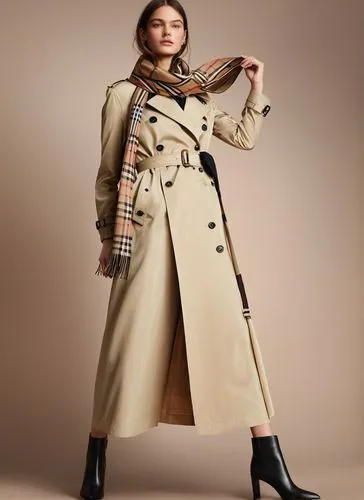 the trench coat in sand, worn with a check scarf,long coat,overcoats,overcoat,greatcoat,maxmara,trenchcoat,Illustration,Realistic Fantasy,Realistic Fantasy 05