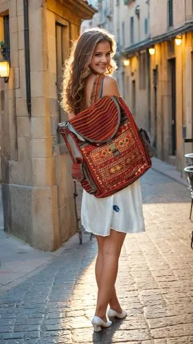 carpetbag,girl in a historic way,troubador,travel woman,troubadour,tourister,Female,Western Europeans,Straight hair,Youth adult,L,Calm,Satin Slip Dress,Outdoor,Barcelona