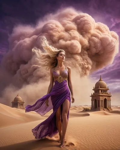 fantasy picture,desert rose,sandstorm,purple landscape,fantasy art,girl on the dune,photo manipulation,purple pageantry winds,burning man,la violetta,photomanipulation,capture desert,photoshop manipulation,desert flower,divine healing energy,fantasy woman,desert background,image manipulation,zodiac sign libra,digital compositing,Photography,General,Cinematic