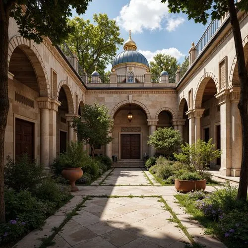 Intricate stone carvings, ornate arches, grand domes, vibrant mosaics, golden accents, richly textured fabrics, solemn atmosphere, peaceful courtyard, lush greenery, ancient trees, worn stone pathways