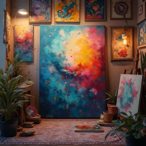 Vibrant art studio, eclectic mix of colors, bold brushstrokes, textured canvas, contemporary art pieces, abstract expressions, emotive color combinations, rich earth tones, soft pastel hues, metallic 