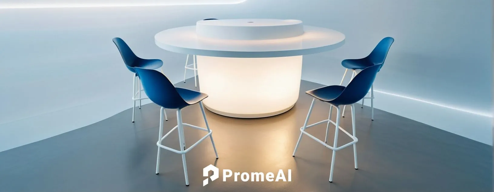 Design chairs and table furniture for people to sit on. The main color of the chair and table is white, and only blue is used as a sub color. The bottom of the table is surrounded by blue line lightin