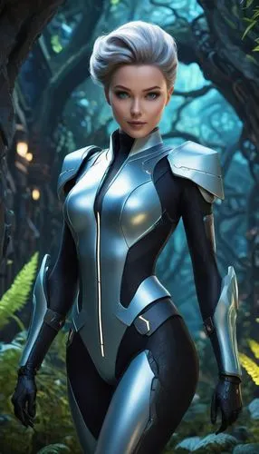 Photorealistic portrait of a woman with natural makeup, soft lighting, and a serene background.,a woman in metal gear in the woods,ororo,lilandra,anakara,amora,karavas,silverite,Unique,3D,3D Character