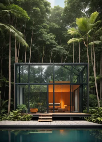 Design a  isolated cabin with clear detailed modern tropical architecture with sleek lines, minimalist, and innovative materials. Craft a contemporary atmosphere. Photography architecture, tropical ar