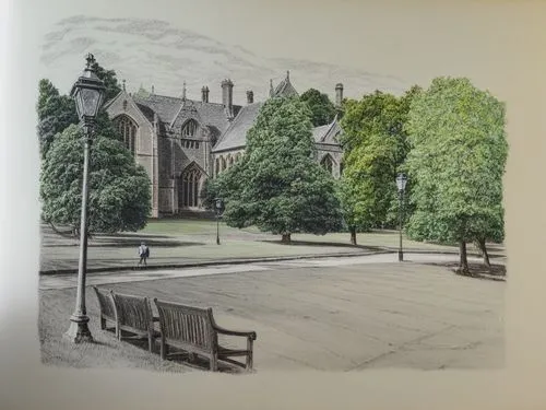 Transform the famous drawing by Bill Denny “Malvern College, Main Building” into a contemporary, high-resolution black and white photo in an impressive way.,a drawing of an old school with two benches