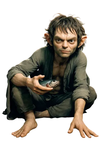 Gollum, Lord of the Rings, slimy skin, pale face, dark circles under eyes, messy hair, torn clothes, bare feet, holding fish, crouching, sinister smile, close-up, warm lighting, cinematic composition,