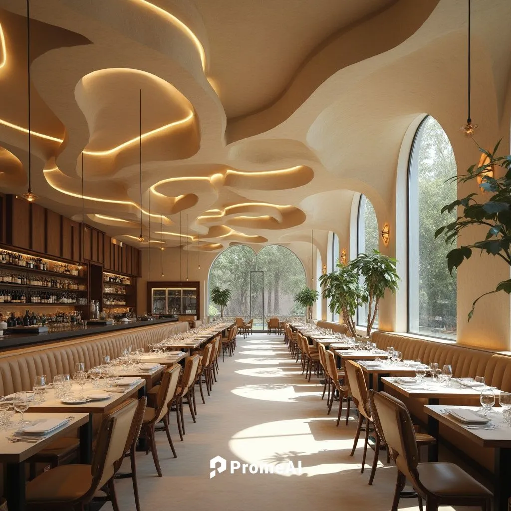 Act as an expert architect and interior designer and design a ceiling for a restaurant with drywall details with organic design of many segments


,a dining area with tall ceilings, high back chairs a