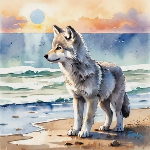 watercolor dog,watercolor background,watercolour fox,graywolf,european wolf,aleu,Illustration,Paper based,Paper Based 25