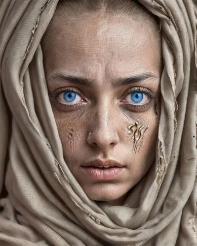 real natural photo, A woman (mixture of laetita casta and salvador dali) in a post-apocalyptic world with striking (with otherworldly detail and luminosity), captivating, vibrant eyes, only her eyes a