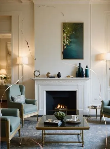 a living room has a fireplace with candles on it,danish furniture,scandinavian style,sitting room,henningsen,danish room,gournay