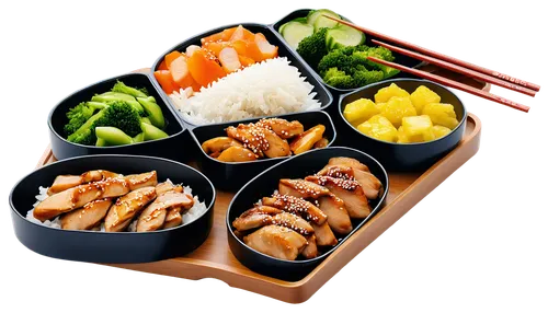 Delicious catering food, Japanese-style bento box, assorted dishes, steamed rice, grilled chicken, stir-fried vegetables, pickled ginger, sesame seeds, soy sauce, wooden chopsticks, ceramic plate, war