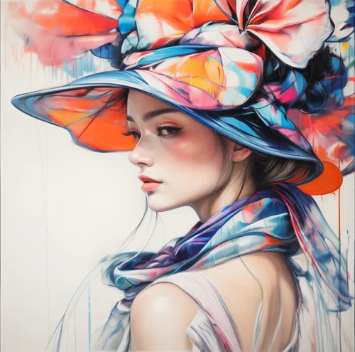 a painting of a woman wearing a colorful hat,geisha girl,hoshihananomia,japanese art,flower hat,geisha,flower painting