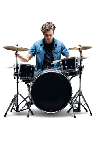 Drum set, shiny metal surface, wooden drumsticks, dynamic movement, hands playing, fingers moving quickly, sweat on forehead, enthusiastic facial expression, spotlight shining down, dark background, l