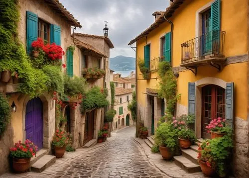 Traditional European village, rustic wooden houses, steeply pitched roofs, overhanging upper floors, colorful shutters, flower-filled window boxes, cobblestone streets, lanterns hanging from eaves, lu