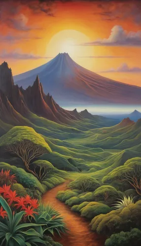 volcanic landscape,mountain landscape,desert landscape,mountainous landscape,haleakala,volcanic field,mountain scene,desert desert landscape,molokai,lava plain,an island far away landscape,landscape background,panoramic landscape,krafla volcano,la palma,ascension island,volcanos,high landscape,mountain sunrise,nature landscape,Illustration,Abstract Fantasy,Abstract Fantasy 16