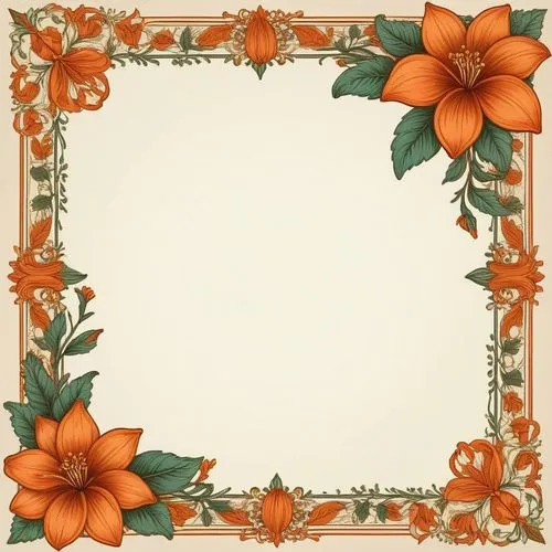 an elegant orange flower with green leaves and petals,flower border frame,floral silhouette frame,floral frame,flower frame,flowers frame,floral and bird frame