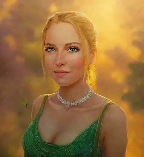 The room is filled with the soft glow of the sunset, casting a warm orange light upon the woman's beard. She wears a vibrant red dress, adorned with green eyes and a graceful smile. Her long blonde ha