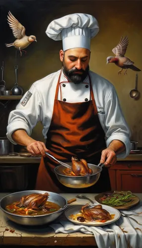 men chef,chef,peking duck,turkish cuisine,iranian cuisine,fishmonger,cookery,mediterranean cuisine,chef's uniform,jewish cuisine,sicilian cuisine,adana kebabı,gastronomy,cooking book cover,pastry chef,fish-surgeon,chef's hat,cuisine of madrid,shoemaker,cuisine classique,Illustration,Realistic Fantasy,Realistic Fantasy 34