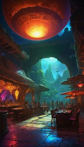 cantina,beach restaurant,rosa cantina,diner,a restaurant,beach bar,alpine restaurant,underwater oasis,atlantis,fine dining restaurant,tavern,aquarium,arenanet,nightclub,wine tavern,restaurant,futuristic landscape,piano bar,pool bar,wildstar,Conceptual Art,Fantasy,Fantasy 18