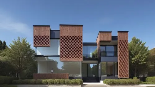 cubic house,modern house,lattice windows,modern architecture,corten steel,brick house,Photography,General,Realistic