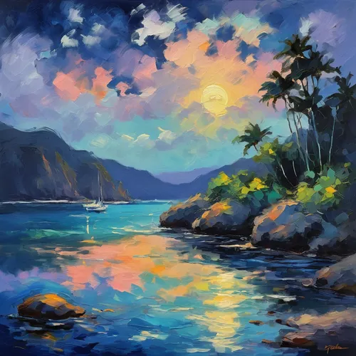 kauai,molokai,maui,napali,napali coast,oahu,coastal landscape,beach landscape,luau,sea landscape,tropical sea,hawaii,aloha,river landscape,tahiti,painting technique,blue hawaii,kalua,an island far away landscape,seascape,Conceptual Art,Oil color,Oil Color 10