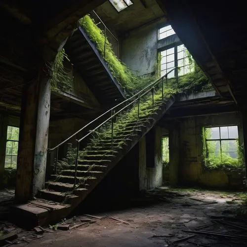 Abandoned factory, old industrial site, rusty pipes, broken windows, overgrown with vines, crumbling brick walls, moss-covered stairs, worn-out concrete floors, peeling paint, dim natural light, foggy