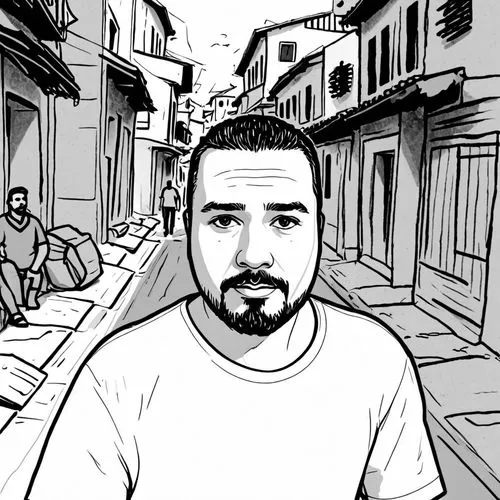 a man standing in front of a building while looking into the camera,rotoscope,comic style,rucka,rotoscoping,pixton,minicomic,Design Sketch,Design Sketch,Rough Outline