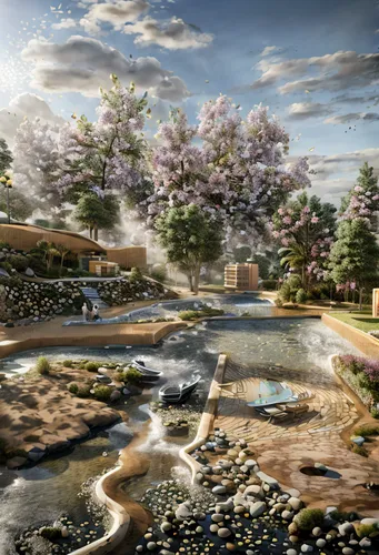 japanese cherry trees,3d rendering,landscape design sydney,golf resort,sake gardens,river of life project,japanese garden,landscape designers sydney,japanese zen garden,sakura trees,the cherry blossoms,artificial island,japan garden,mineral spring,flowering trees,japanese cherry blossoms,flower water,blooming trees,resort town,japanese sakura background