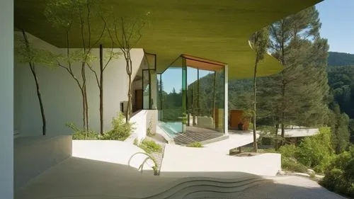 As you approach a scenic driveway, you can't help but feel a sense of tranquility as you come across a minimalist style house nestled in the middle of a tranquil valley. The house is a unique blend of