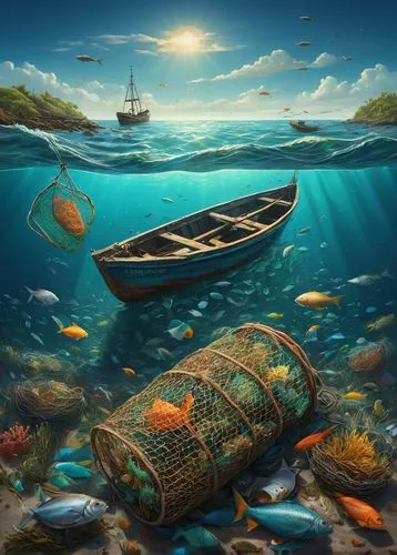 Overfishing, ocean conservation, coral reefs, school of fish, marine life, polluted waters, dead fish, fishing nets, abandoned boats, coastal scenery, sunny day, clear blue water, seaweed, beach trash