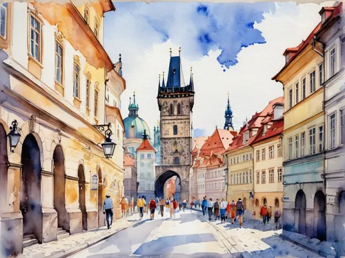 prague,prague castle,brno,watercolor,charles bridge,watercolor painting,český krumlov,rothenburg,krakow,bamberg,street scene,nuremberg,vilnius,watercolor shops,church painting,czech budejovice,warsaw,erfurt,zagreb,poznan,Illustration,Paper based,Paper Based 25