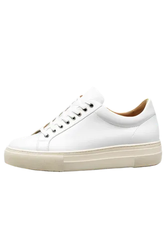 Low-top sneaker, white leather, lace-up, thick sole, rubber outsole, rounded toe, flat heel, casual style, minimalist design, subtle shading, delicate lines, side view, 3/4 composition, soft lighting,