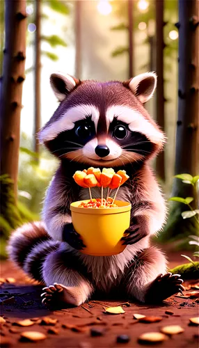 cute raccoon, solo, white mask, black eyes, fluffy fur, rounded ears, tiny nose, little paws, sitting on haunches, holding food, forest background, warm lighting, shallow depth of field, realistic tex