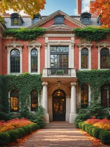 Harvard University, neo-Georgian architecture, red brick buildings, ornate facades, grand entrance, ivy-covered walls, stone pillars, large windows, intricate stonework, lush greenery, vibrant flower 