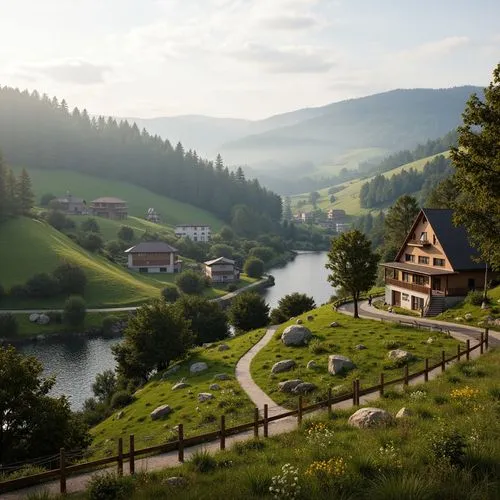 Rolling hills, serene lakeside, lush meadows, rustic wooden fences, natural stone pathways, regionalism-inspired architecture, earthy tone buildings, sloping roofs, wooden shutters, vintage windows, c