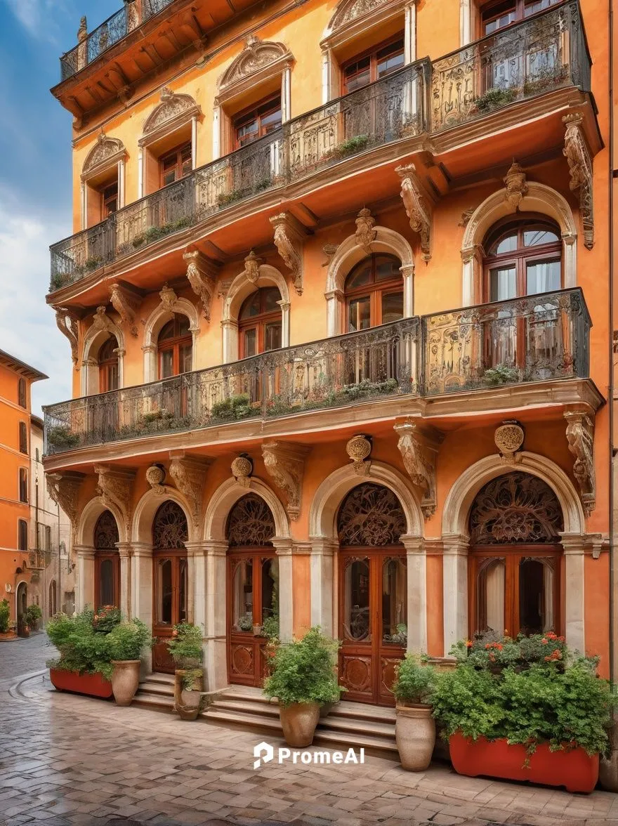 Italian Renaissance palace, grandiose, ornate facade, white marble columns, intricately carved arches, balconies with iron railings, red-tiled roofs, symmetrical composition, warm golden lighting, aft