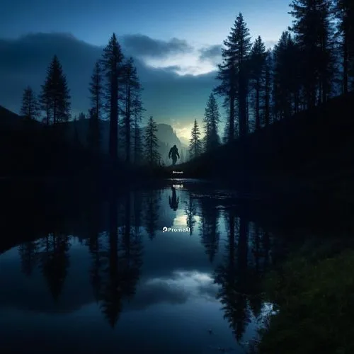 evening lake,forest lake,fantasy picture,black forest,twilight,moonlit night