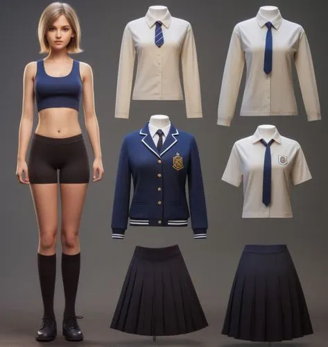 Paper doll British 16 year old schoolgirl in black sleeveless shirt ,black tight fit spandex shorts with black sock and black shoe standing surrounded by with a set of british school uniform, shirt, g