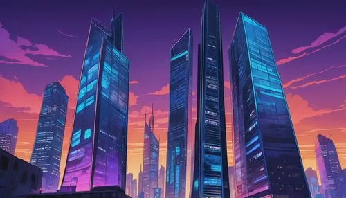 cybercity,cityscape,skyscrapers,cybertown,futuristic landscape,skyscraper,colorful city,metropolis,synth,shinjuku,cyberpunk,city skyline,evening city,tokyo city,fantasy city,cyberport,skyscraping,cityzen,dusk background,futuristic,Illustration,Japanese style,Japanese Style 07