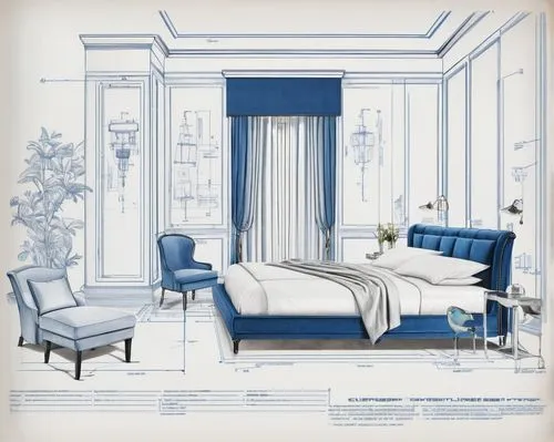 blue room,blueprint,wall sticker,blueprints,room divider,art deco,sleeping room,mazarine blue,bedroom,guest room,art nouveau design,blue and white porcelain,neoclassical,canopy bed,four-poster,interior decoration,interior design,four poster,art deco background,interiors,Unique,Design,Blueprint